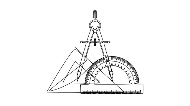 Geometric Drawing Tools: Compass, Protractor, Triangle Ruler Isolated