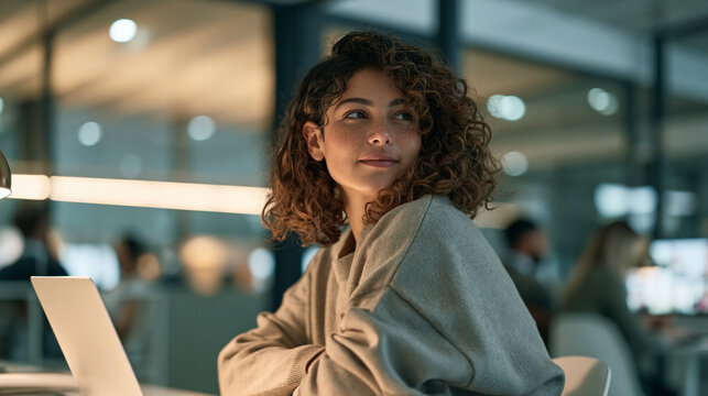 Thoughtful Young Woman with Curly Hair Working Late at Laptop in Modern Corporate Office
