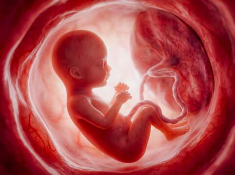Human fetus development inside the womb with umbilical cord 3D illustration