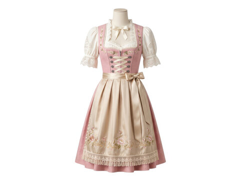 Traditional pink and cream dirndl dress for women on a professional mannequin stand