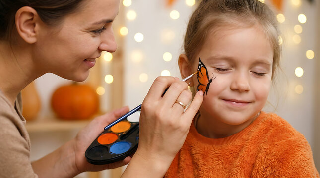 Mother painting butterfly face paint on young daughter