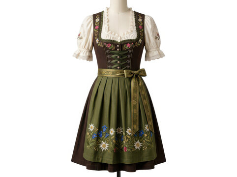 Traditional german dirndl dress with floral embroidery and green apron for oktoberfest