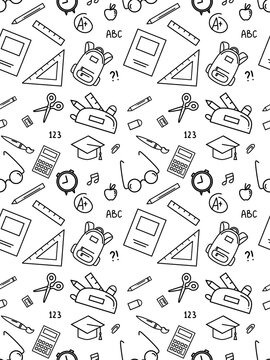 Back to school outline seamless pattern. Education learning doodle background. School themed doodle seamless pattern. School supplies pattern background
