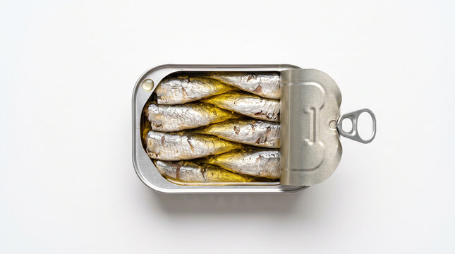 An open can of sardines in oil on a white background.