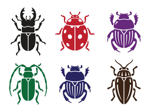 Beetle Insects Silhouette Collection Vector Set, Stag Beetle, Ladybug, Dung Beetle, Longhorn Beetle Icon Bundle, Isolated White Background
