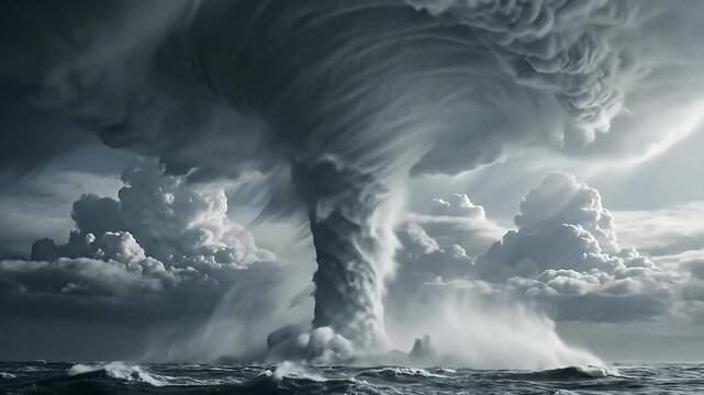 Epic Ocean Twister Forming Over Turbulent Water, Dramatic Storm Clouds and Powerful Swirling Vortex