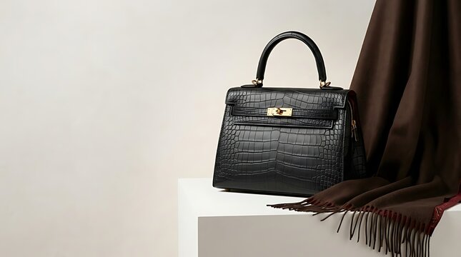Luxury Black Leather Crocodile Handbag with Scarf on Pedestal