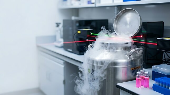 Cryogenic storage tank with liquid nitrogen vapor in a modern medical laboratory