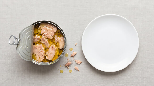 Open tin can of tuna fish next to an empty white plate on a neutral fabric background.