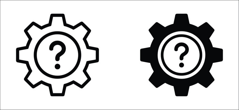 Gear question mark icon, mechanical settings and help symbol in outline and solid styles, technical support, troubleshooting and configuration vector design