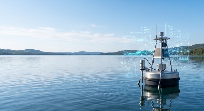 Autonomous oceanographic smart buoy collecting real-time water quality data with digital interface overlay in tranquil lake environment
