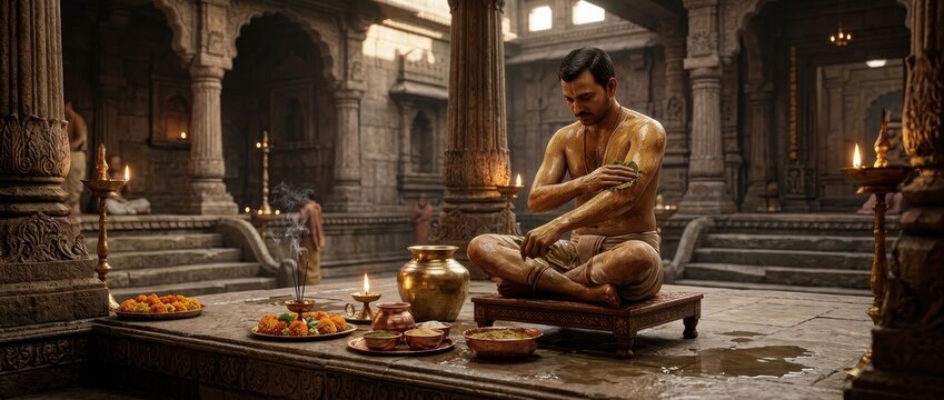 Traditional Indian man applying herbal paste during ancient ritual ceremony inside stone temple