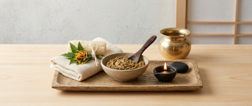 Traditional Ayurvedic herbal scrub powder and scented massage oil setup on wooden tray for ritual morning bath