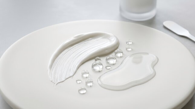 A white plate with a smear of white cream and a droplet of water on it.