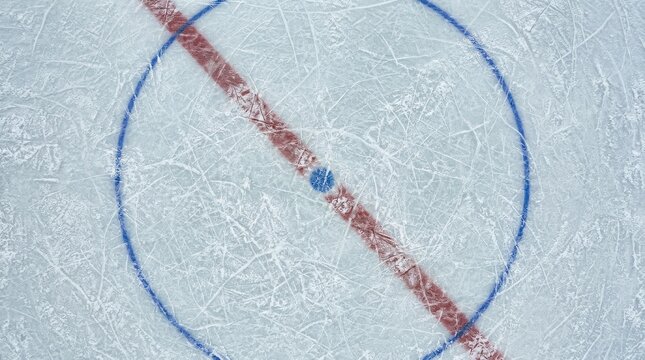 Top Down View of Scratched Ice Surface on Hockey Rink with Red Line and Blue Face-off Circle