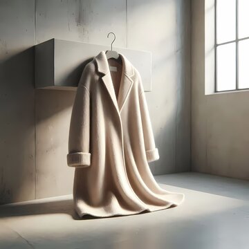 A beige cashmere coat mockup, draped over a minimalist concrete hanger, Ai generated image