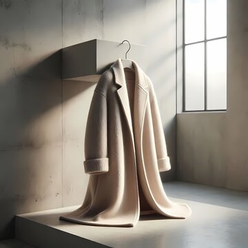 A beige cashmere coat mockup, draped over a minimalist concrete hanger, Ai generated image