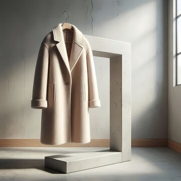 A beige cashmere coat mockup, draped over a minimalist concrete hanger, Ai generated image