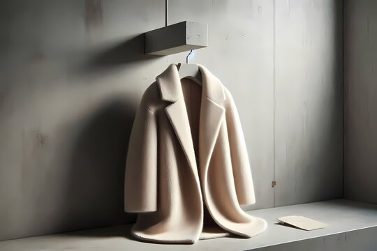 A beige cashmere coat mockup, draped over a minimalist concrete hanger, Ai generated image