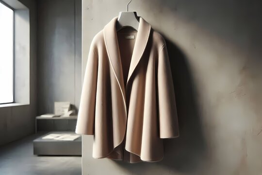 A beige cashmere coat mockup, draped over a minimalist concrete hanger, Ai generated image