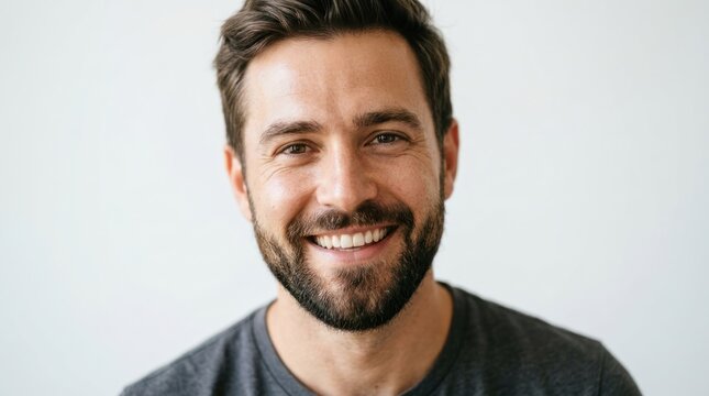 A man with a beard smiling against a white background.