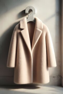 A beige cashmere coat mockup, draped over a minimalist concrete hanger, Ai generated image