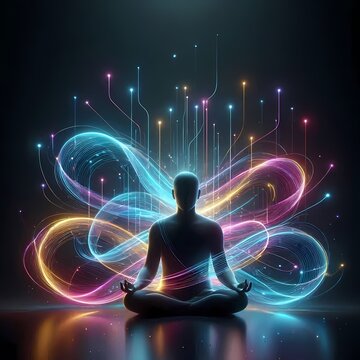 A luminous lines composition featuring a human figure surrounded by flowing ribbons of neon light, representing neural pathways and energy, Ai generated image