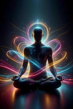 A luminous lines composition featuring a human figure surrounded by flowing ribbons of neon light, representing neural pathways and energy, Ai generated image