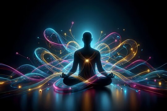 A luminous lines composition featuring a human figure surrounded by flowing ribbons of neon light, representing neural pathways and energy, Ai generated image