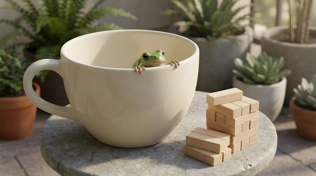 Frog Hiding Inside a Large Ceramic Cup Beside Wooden Blocks