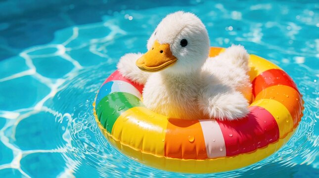 Cute white stuffed duckling floats on colorful inflatable ring in bright blue swimming pool. Soft plush toy sits inside striped summer ring on clear water surface. Playful toy bird enjoys sunny day