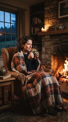 Obraz premium Woman drinking hot beverage wrapped in blanket by fireplace at night