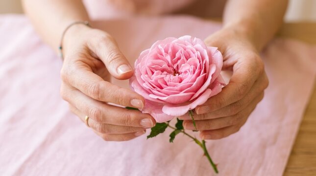A woman's hands holding a pink rose against a pink background.