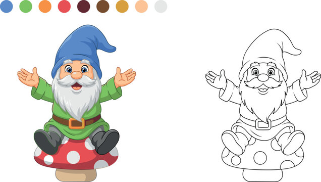Cute garden gnome coloring page vector set with color sample palette for kids education book