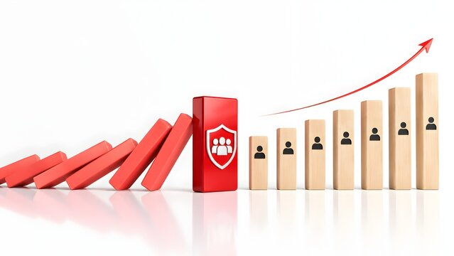 Red Employee Protection Shield Halting Risk Dominoes For Workforce Growth