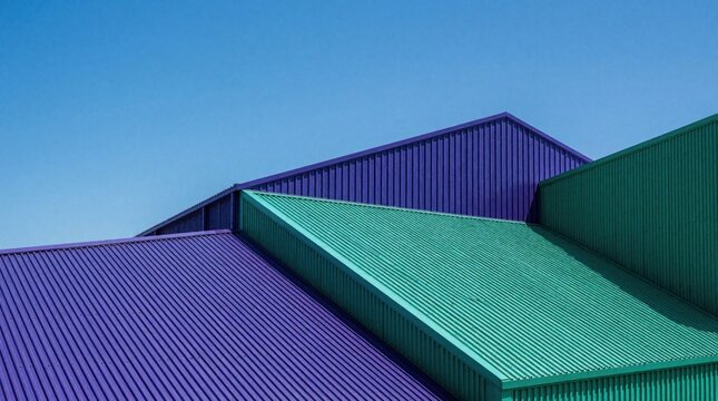 Geometric pattern of colorful corrugated metal roofs against blue sky. Modern industrial warehouse buildings feature bright purple, teal steel structures. Abstract architecture background shows