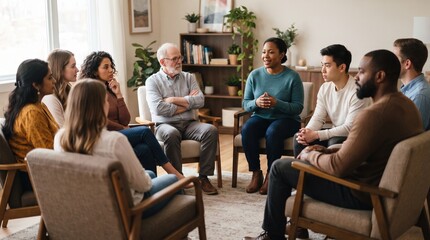 Obraz premium Diverse group of people in a support group session, indoor setting