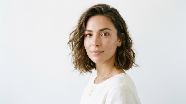 A woman with shoulder-length brown hair wearing a white top, standing against a plain white background.