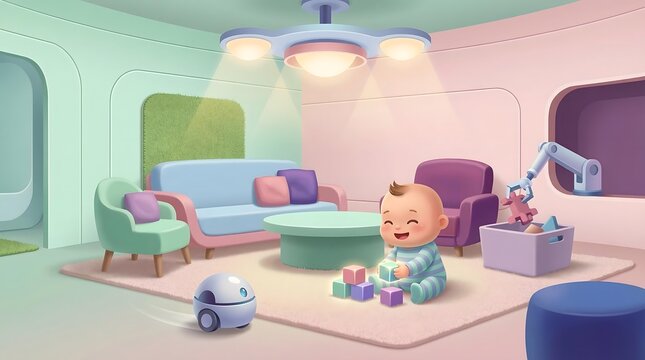 Future Ready Digital Living Futuristic AI-Enhanced Baby Playroom with Robots and Pastel Toys in Modern Cozy Interior