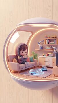 Future Ready Digital Living Cozy Futuristic Pod Living with Child and Robots in Minimalist Interior Design Concept Illustration