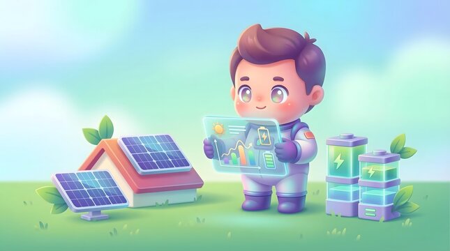 Future Ready Digital Living Cute Cartoon Character Interacting with Solar Energy Panel and Digital Display for Renewable Energy Education