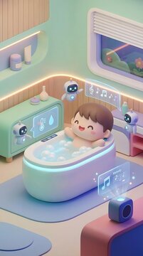 Future Ready Digital Living 3D Animated Smart Home Technology Bath with Cute Child and Interactive Robots for Relaxation and Music Control