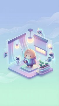 Future Ready Digital Living Whimsical Smart Home Scene with Cute Robots Assisting a Cozy Character in a Futuristic Digital Environment