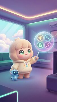 Future Ready Digital Living Cute Plush Character with Digital Interface in Futuristic Room and Small Robot Companion in Pastel Colors