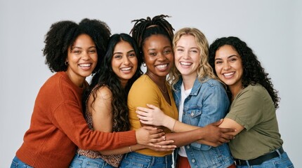 Fototapeta premium Five women hugging each other in a studio setting.