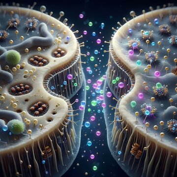 A neurons scene showing a microscopic view of a synapse with neurotransmitters being released, represented as glowing, colorful bubbles, Ai generated image