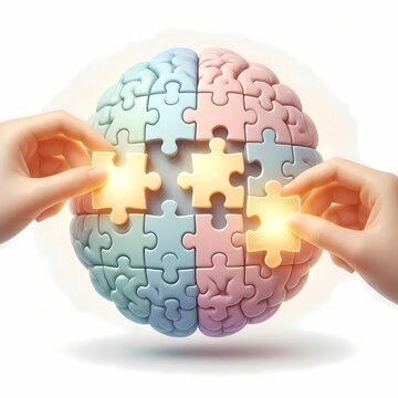 A neuroplasticity conceptual image of a brain made of puzzle pieces, with some pieces being replaced and reshaped by glowing hands, Ai generated image