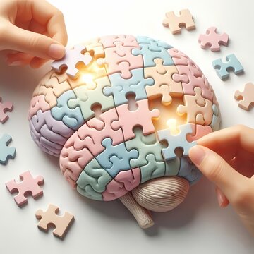 A neuroplasticity conceptual image of a brain made of puzzle pieces, with some pieces being replaced and reshaped by glowing hands, Ai generated image