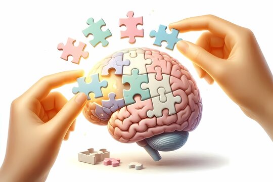 A neuroplasticity conceptual image of a brain made of puzzle pieces, with some pieces being replaced and reshaped by glowing hands, Ai generated image