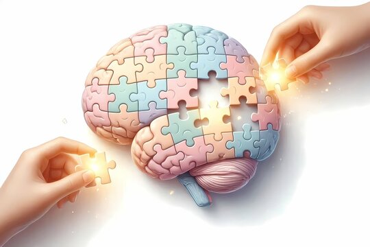 A neuroplasticity conceptual image of a brain made of puzzle pieces, with some pieces being replaced and reshaped by glowing hands, Ai generated image